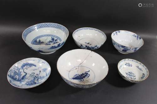 DELFT BOWLS 5 18thc delft bowls of varying sizes, the larges...
