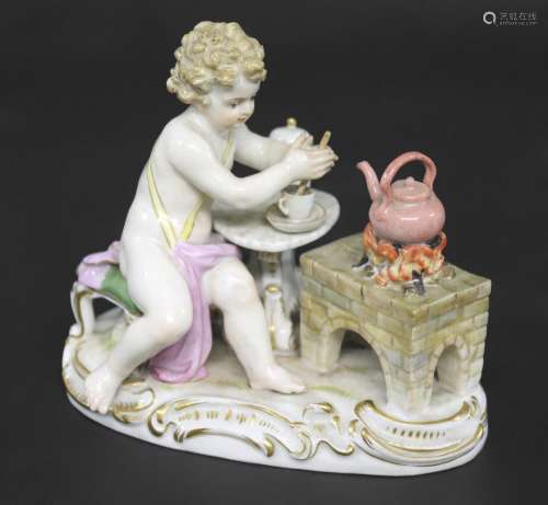 MEISSEN FIGURE a porcelain figure of a cherub mixing a drink...