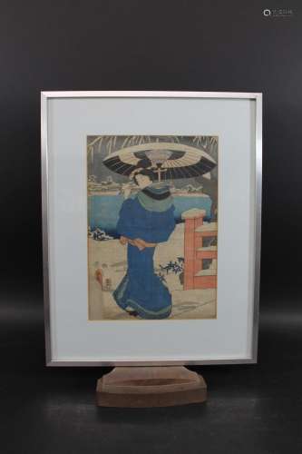 JAPANESE WOODBLOCK PRINTS including a framed print by Kunisa...