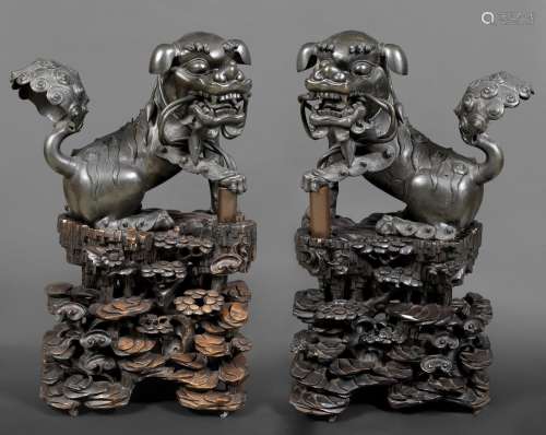 LARGE PAIR OF CHINESE BRONZE DOGS OF FO & CARVED WOODEN ...