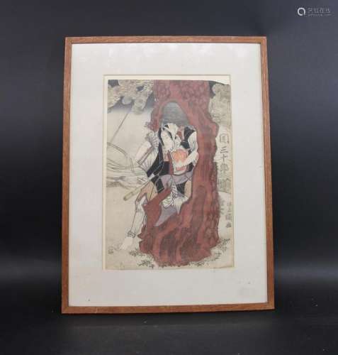 JAPANESE WOODBLOCK PRINT with a depiction of a mother holdin...