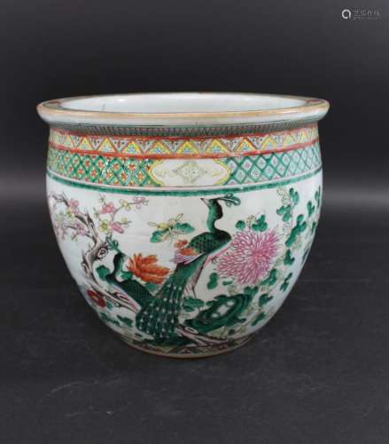 CHINESE FAMILLE VERTE JARDINIERE 20thc, the interior painted...