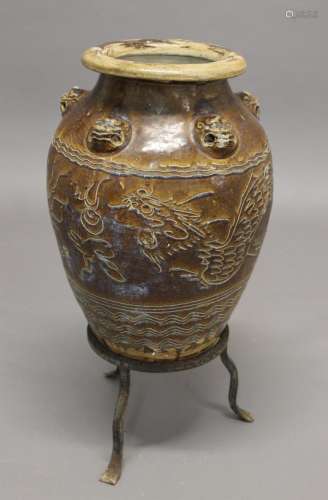 CHINESE 'MARTABAN' STORAGE JAR a large brown glazed ...