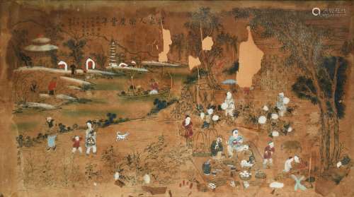 LARGE CHINESE PAINTING a painting on paper, with various fig...