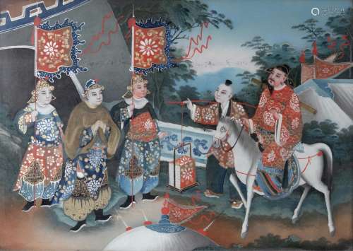 19THC CHINESE REVERSE GLASS PAINTING a processional painting...