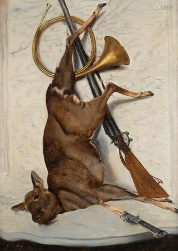 Jeanne DUFES (XIXè)Trophée de chasse avec cors de chasse et ...