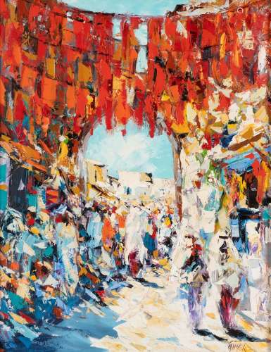 Ahmed LAHMER (1972)Les rues de Rabat Huile sur toile, signée...