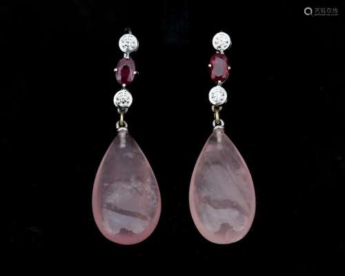 A pair of 18 karat white gold earrings set with rose quartz,...