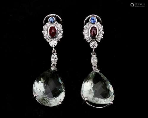 A pair of 14 karat white gold earrings set with prasiolite, ...