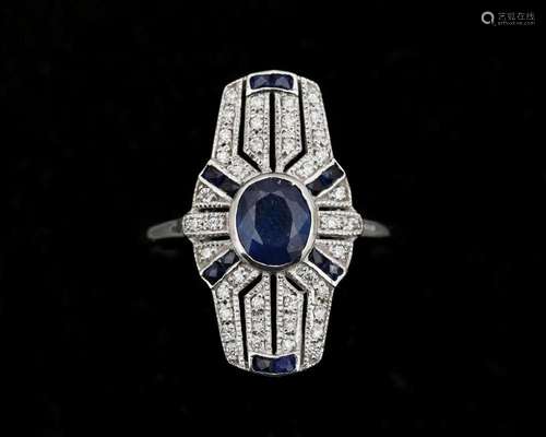 A 14 karat white gold ring, after ArtDeco model, set with di...