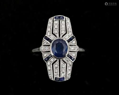 A 14 karat white gold ring, after ArtDeco model, set with di...