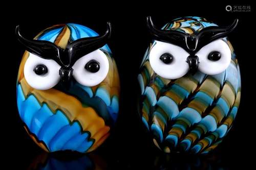 2 colored glass owls