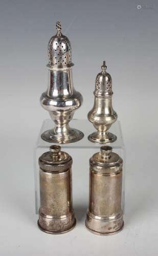 A George III silver baluster pepper caster with pierced dome...