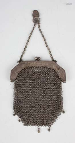 A Chinese silver chain mesh evening purse, the clasp engrave...