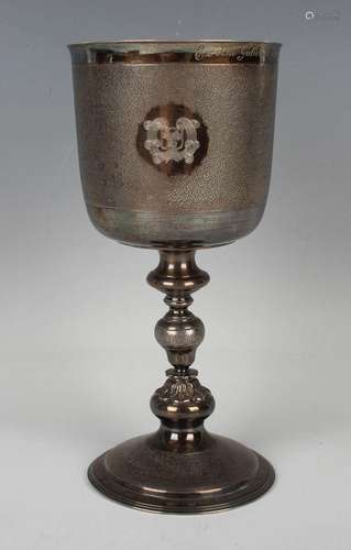 A George V silver goblet, the cylindrical body engraved with...