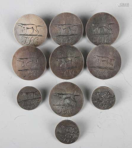 A set of six Edwardian silver circular buttons and three mat...