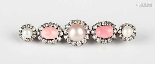 A late Victorian gold, silver, diamond, pearl and conch pink...