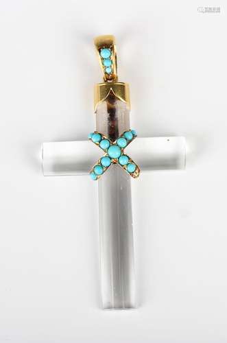 A Victorian gold mounted, rock crystal and turquoise set cro...