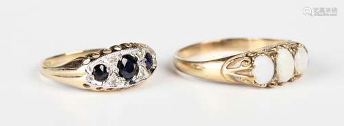 A 9ct gold ring, mounted with three circular cut sapphires w...