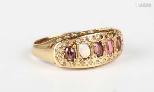 An 18ct gold, diamond and pink gem set ring, Birmingham 1919...