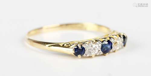 A gold, sapphire and diamond five stone ring, mounted with t...