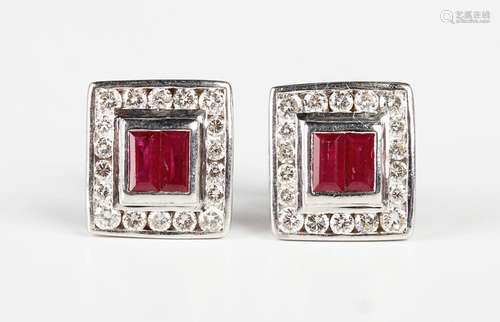 A pair of white gold, ruby and diamond rectangular cluster e...