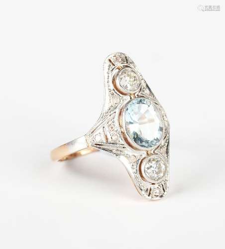 A gold, aquamarine and diamond panel shaped ring, collet set...