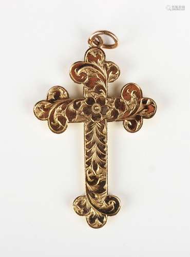 A gold pendant cross with foliate engraved decoration, detai...