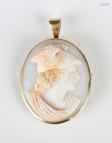 A gold mounted oval shell cameo pendant brooch, circa 1900, ...