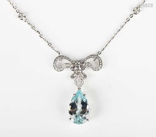 A white gold, aquamarine and diamond pendant necklace, the t...