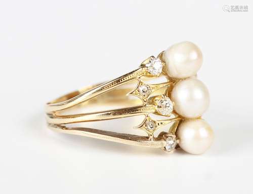 A gold, diamond and cultured pearl ring in a triple shank de...