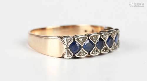 A gold, sapphire and diamond ring, mounted with a row of fiv...