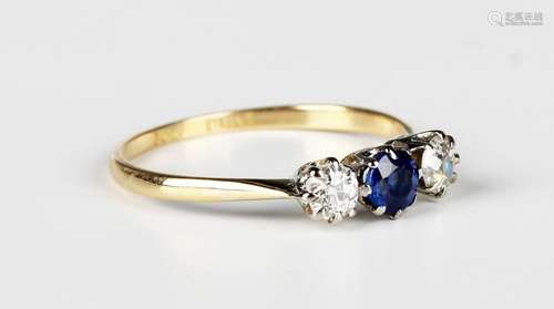 A gold, platinum, sapphire and diamond three stone ring, cla...