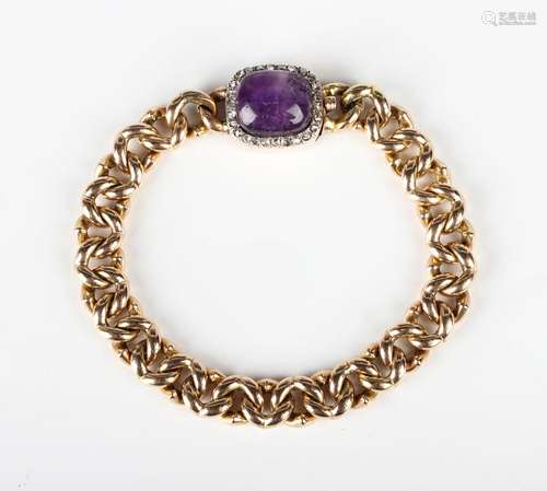 A gold, amethyst and diamond curblink bracelet, the snap cla...