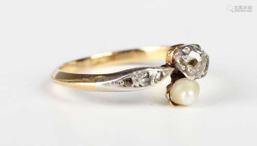 A French gold, diamond and cultured pearl ring, mounted with...