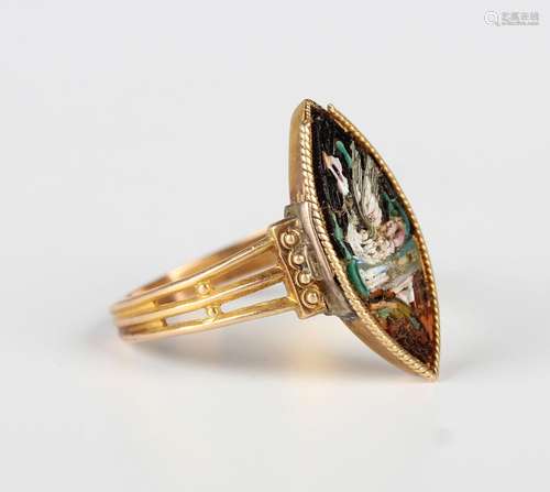 A 19th century gold and mosaic marquise shaped ring with a b...