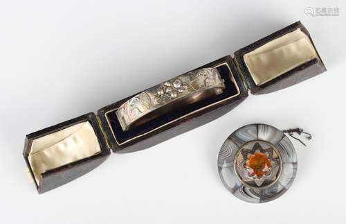 A Victorian silver, citrine and grey banded agate circular b...