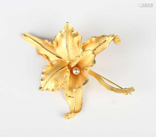 A gold and imitation pearl brooch, designed as an orchid, de...