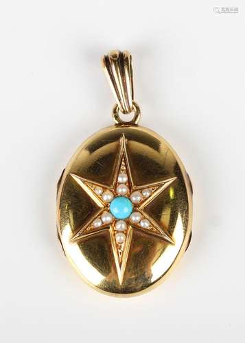 A gold, seed pearl and turquoise oval pendant locket, the fr...