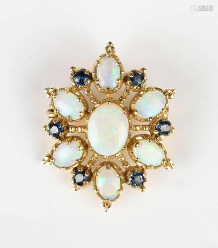 A 9ct gold, opal and sapphire pendant brooch, mounted with t...