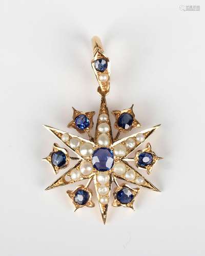 A gold, sapphire and seed pearl pendant, designed as a six p...