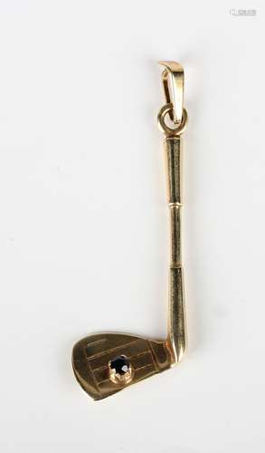 A 9ct gold and sapphire pendant, designed as a golf club, im...