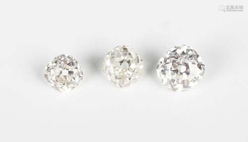 Three unmounted cushion cut diamonds, dimensions of each app...