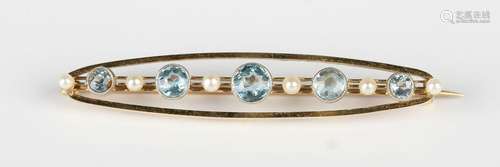 A gold, aquamarine and seed pearl brooch of elliptical form,...