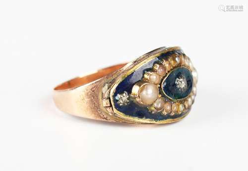 A gold, rose cut diamond, seed pearl and dark blue enamelled...