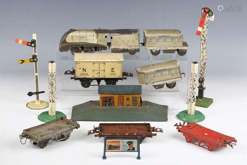 A collection of Hornby gauge O railway items, including a br...