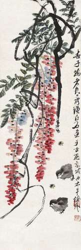 齐白石(1864-1957) 紫藤蜜蜂小鸡