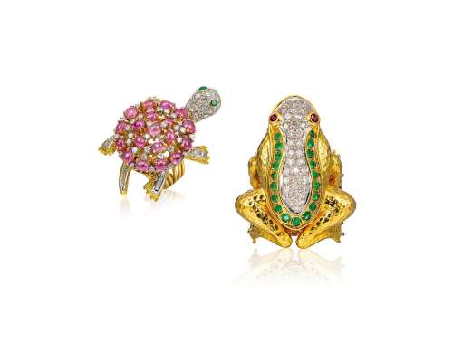 钻石、红宝石配祖母绿动物造型戒指套装