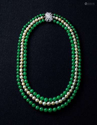 尚美设计钻石链扣 天然翡翠珠配天然珍珠及钻石项链