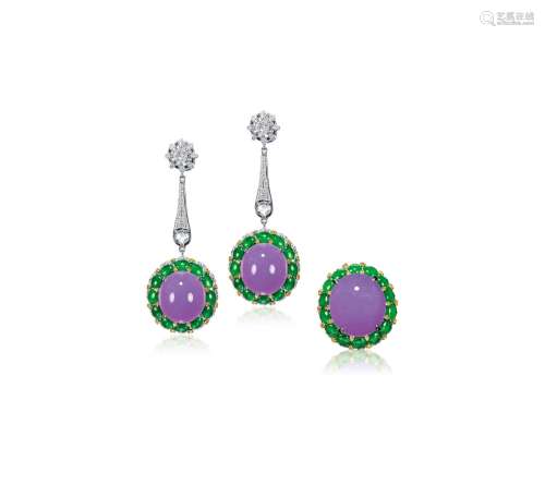 天然紫罗兰翡翠配钻石戒指及耳环套装